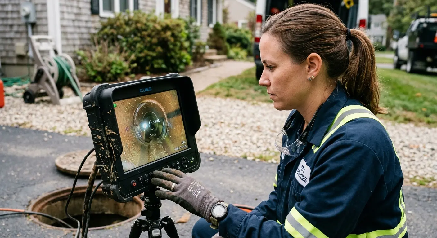 Technician reviewing sewer camera inspection footage in Albion