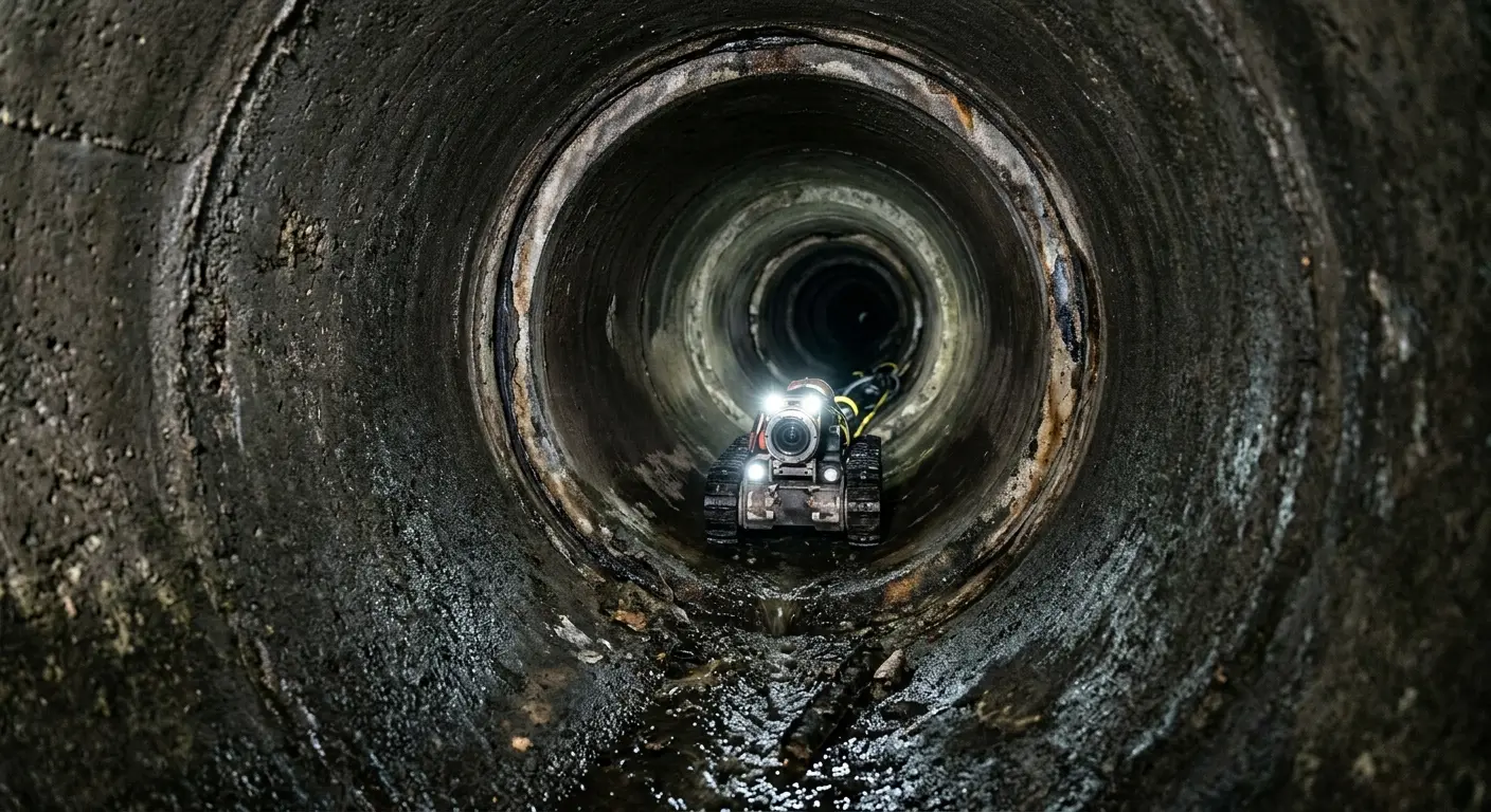 Robotic sewer camera inspecting pipe interior for Sewer Line Cleaning in Albion