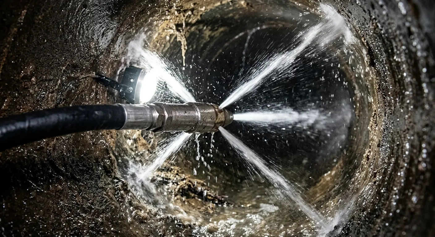 High-pressure hydro jetting nozzle cleaning sewer pipe for Emergency Drain Service in Albion