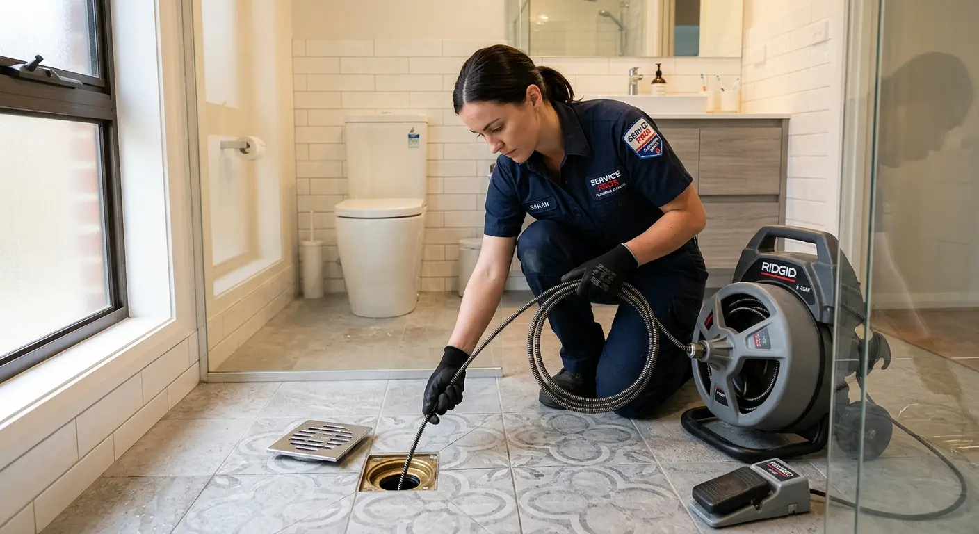 Technician clearing a bathroom floor drain for Drain Cleaning in Albion